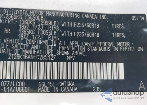 2015 Lexus Rx 350 z USA, uszkodzony, nr VIN 2T2BK1BA9FC285127